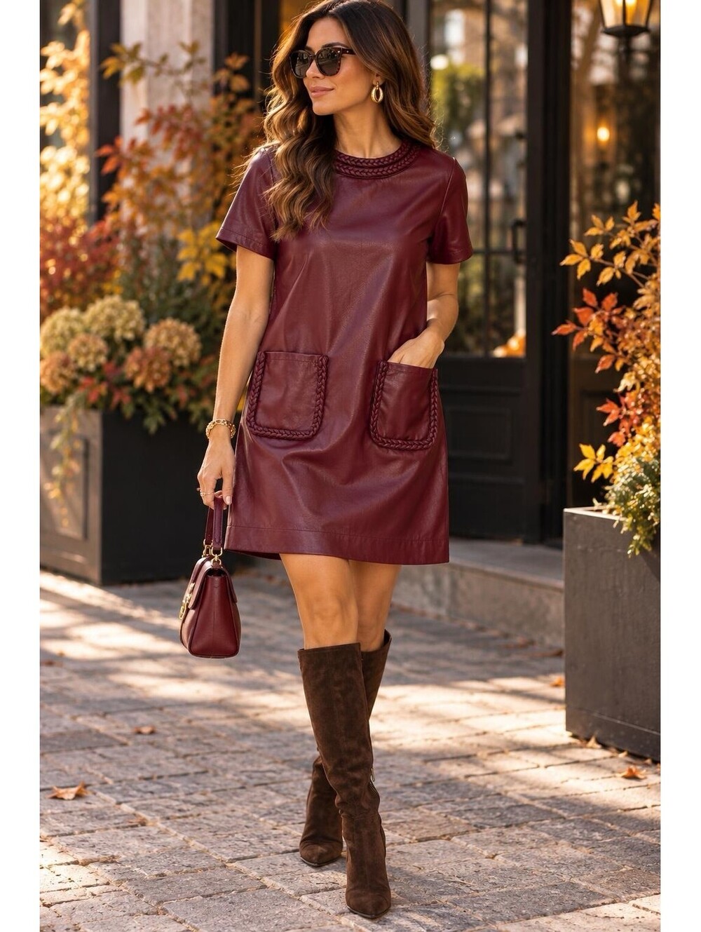 Entro Plum Faux Leather Size Large Dress Cotton PU Blend